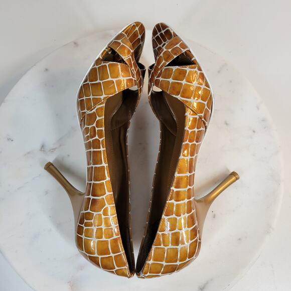 Enzo Angiolini Womens Shoes 7.5 Orange Leather Giraffe Print Open Toe Pump Heels - Picture 10 of 16